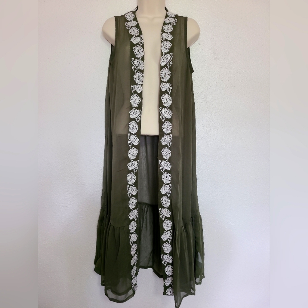 Curations Long Vest Embroidered Sleeveless Olive Green Small duster/cover-up